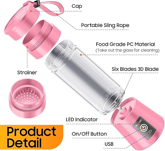 Mini Portable Juicer Blender – USB Rechargeable 6-Blade Smoothie & Protein Shake Maker for Travel & Gym