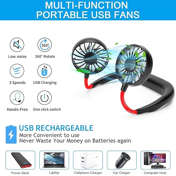 Portable USB Rechargeable Neck Fan – 360° Adjustable Hands-Free Cooling