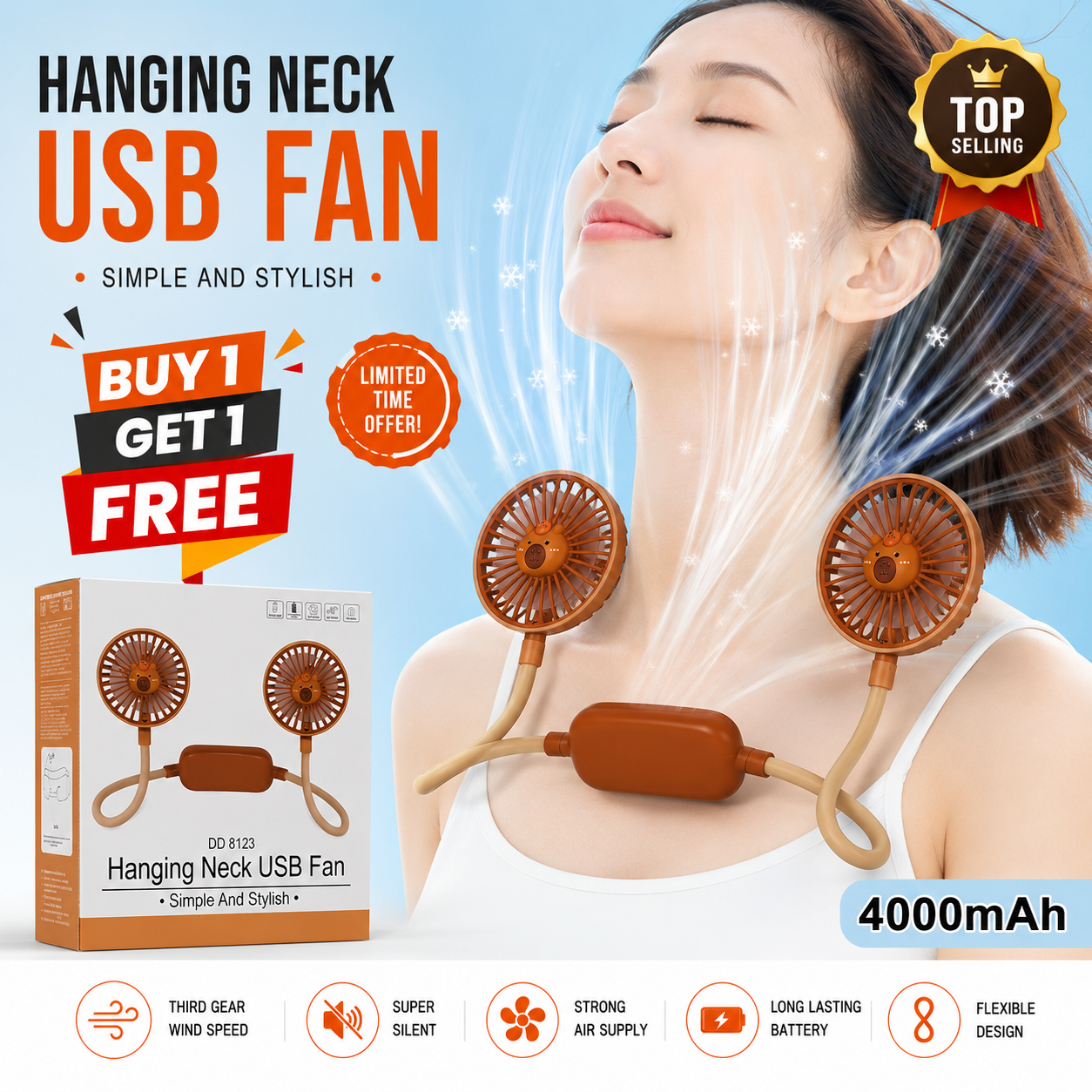 BUY 1 GET 1 Portable USB Rechargeable Neck Fan FREE – 360° Adjustable Hands-Free Cooling